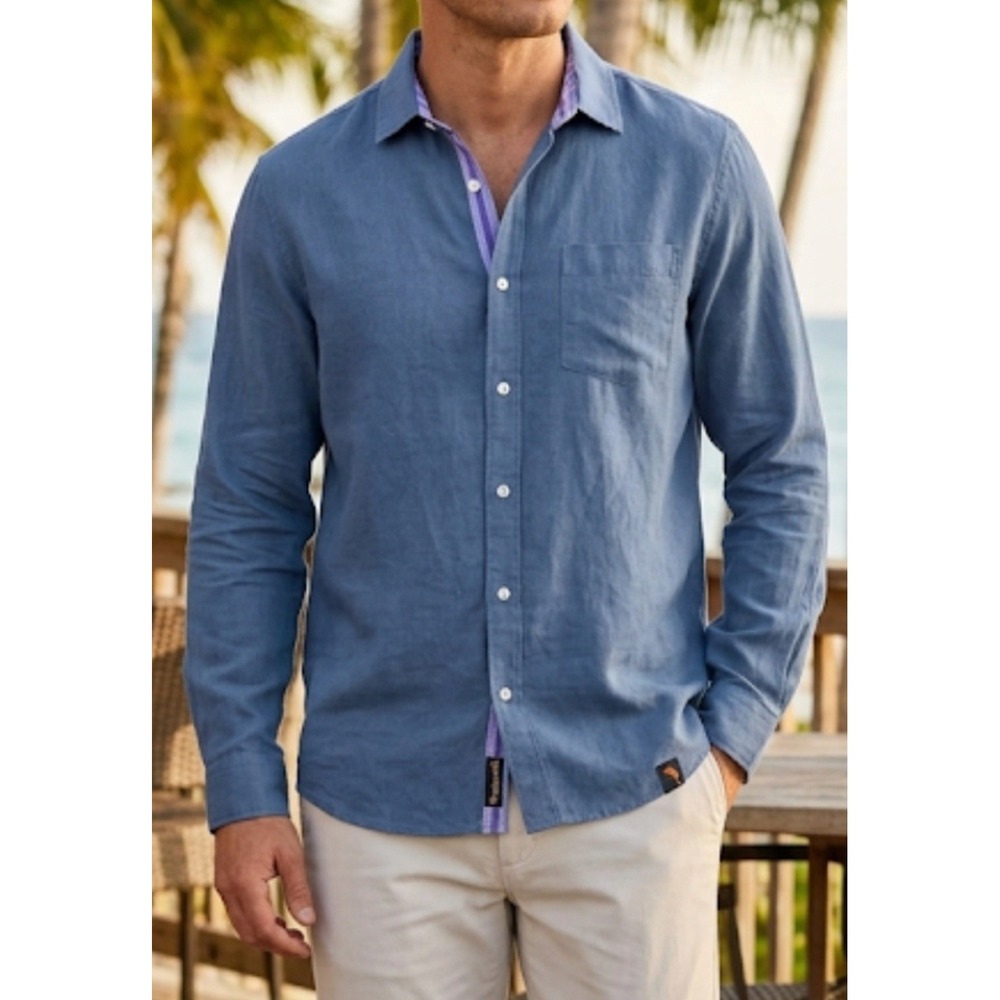 Margaritaville Casual Button Down Long sleeve Collared Men's Shirt Blue Size S.